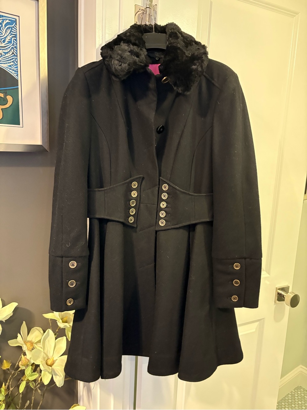 Betsey Johnson Black Wool Blend Coat with Faux Fur Collar 4